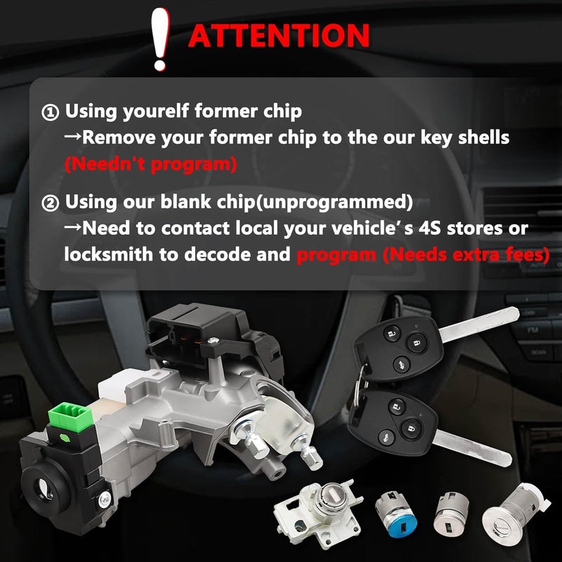RAMATA 06351-TE0-A11 Ignition Switch Lock Cylinder with Key (with Blank Chip) Compatible with 2008 2009 2010 2011 2012 Honda Accord (Ignition Chip: 46,Frequency: 433mHz) - Image 2